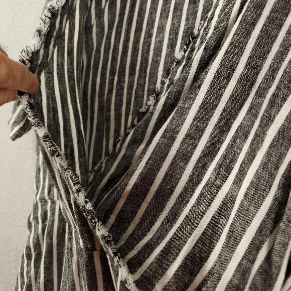 Linen Blend Dress Womens 1X Gray Black White Stripe Belted Crossover Raw Hem - Picture 8 of 11